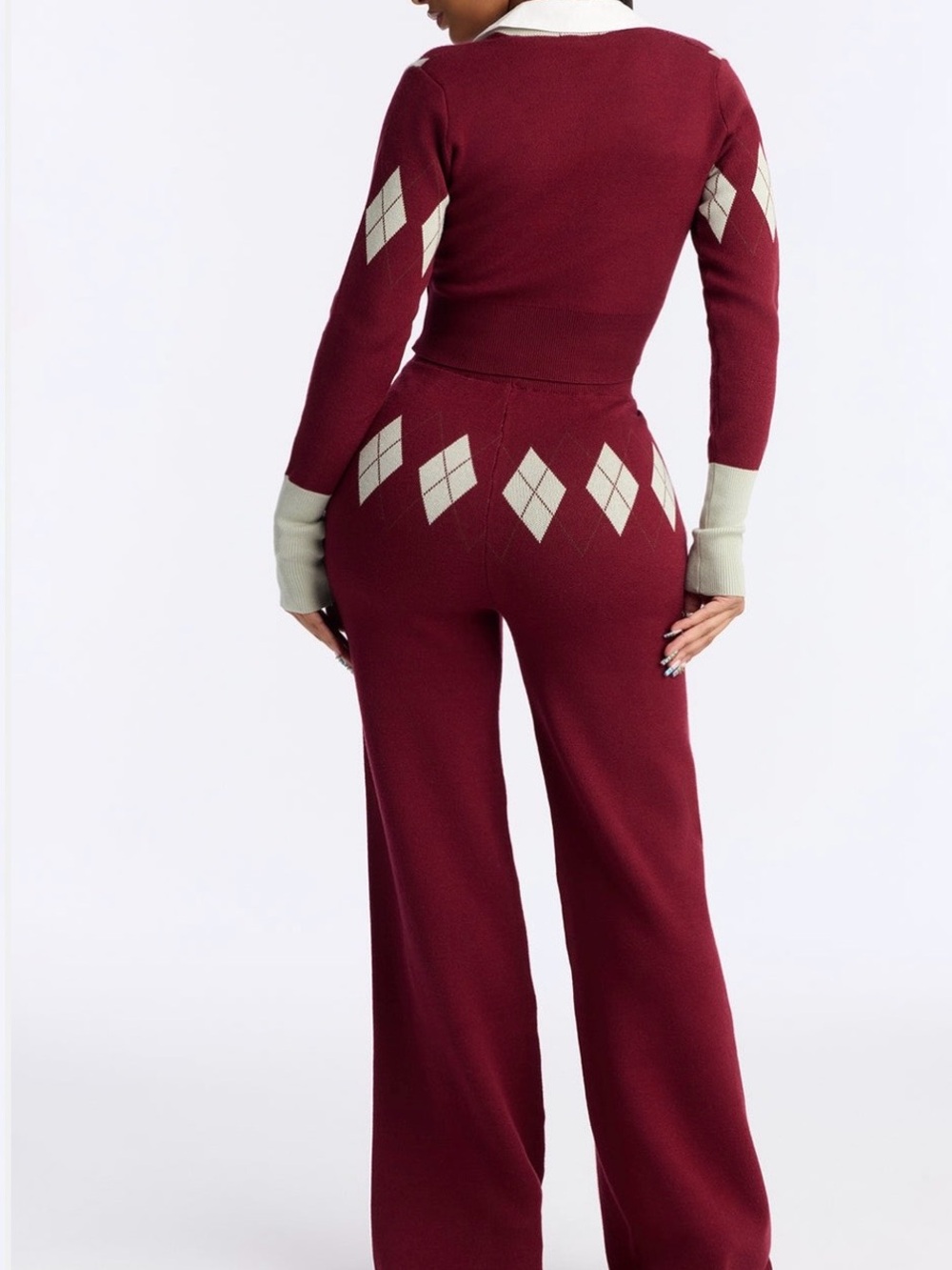 Fashion Nova Burgundy Wide-Leg Argyle Knit Jumpsuit with Cream Accents